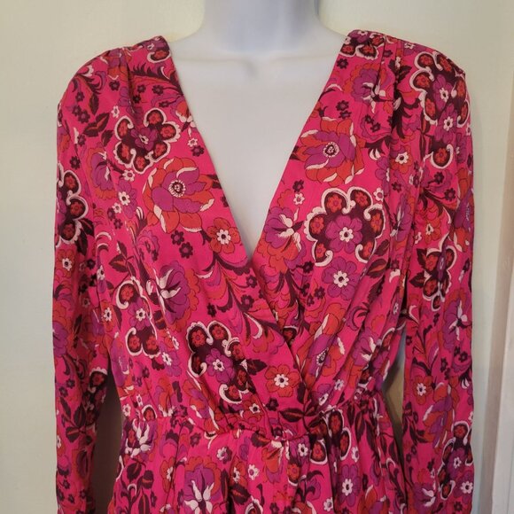 Maeve Anthro Floral Wrap Mini Dress XS Pink Long Sleeves Groovy Coquette Kawaii - Picture 5 of 8